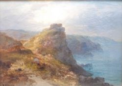 Franz Emile Krause (1836-1900) coastal scene with figures atop cliffs,