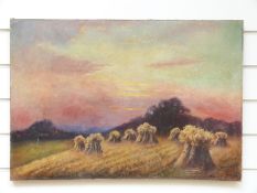 Oil on canvas stooks at dusk, indistinctly signed lower right,