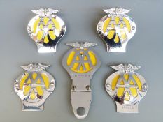Five AA motorcycle badges,