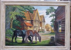 Stan Cotterell acrylic on board horses grazing in a farmyard,