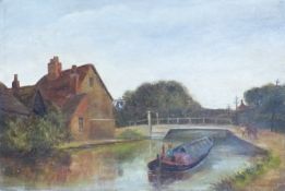 John Henry Hipsley oil on canvas canal with narrowboat and bridge, signed and dated 1898 lower left,