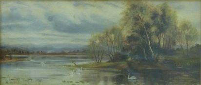 Oil on canvas lake scene with swans to foreground, signed and dated H.