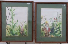 A pair of watercolours of gnomes in foliage, one with a mole, each monogrammed MS,