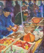 Leonard Farthing oil on board of market scene,