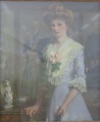 Late 19thC / 20thC oil on canvas of a lady with peach rose on her dress in a portrait gallery,