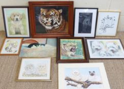 A quantity of paintings and drawings of animals, mainly by John M Edwards, including cats, dogs,