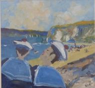 Impressionist oil on board of sailors overlooking a beach, monogrammed RGH lower right,