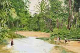 Stan Cotterell acrylic on board possibly Borneo jungle river scene with figures, signed lower right,
