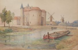 J Allen Shuffrey (1859-1939) watercolour canal scene with boat and windmills, signed and dated 1911,