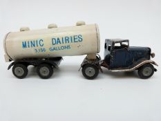 Tri-ang Minic clockwork tinplate Minic Dairies Tanker with blue cab,