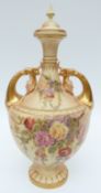 Worcester blush ivory, twin handled covered lidded vase, shape No.