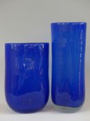 Two blue glass vases by Henry Dean, labelled, tallest 31.
