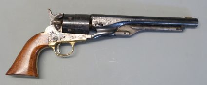 Pietta Western Army 1860 style 9mm blank firing six shot revolver with engraved scenes of ships to