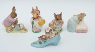 Five Beswick Beatrix Potter figures Old Woman Who Lived in a Shoe (3B), Mrs Tittlemouse (version 1,