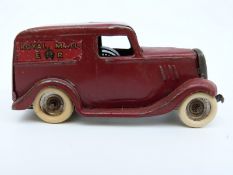 Tri-ang Minic clockwork tinplate Royal Mail Ford Light Van with maroon body, cream tyres,
