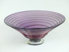Bob Crooks First Glass amethyst glass pedestal bowl with applied spiralling decoration,