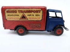 Tri-ang Minic clockwork tinplate Road Transport Delivery Lorry with blue cab, red body,