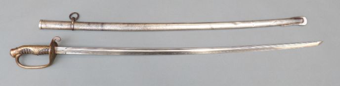 WWII Japanese dress sword with floral embossed handle and metal scabbard,