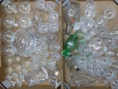 A Deco style green crackle glass liqueur set together with a quantity of cut crystal including