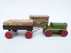Tri-ang Minic clockwork tinplate Tractor and Trailer with green body, red hubs, cream tracks,
