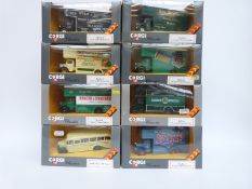 Eight Corgi Classics diecast model Bedford 0 Series Pantechnicon vans and Bedford Type OB Coach,