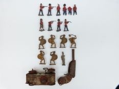 Lehmann clockwork tinplate tank together with 17 lead soldiers and a toy pistol.