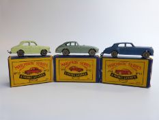 Three Moko Lesney Matchbox diecast model cars 44, 53 and 57, all in original B3 boxes.