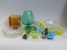A collection of glass including pressed glass, paperweights, controlled bubble ashtray,