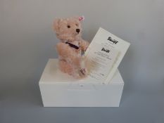 Steiff Teddy Bear The Queen's 90th Birthday with pale pink mohair, crown necklace,