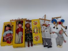 Six Pelham Puppets including Junior Range Mother, Fritzl etc, some in original boxes.