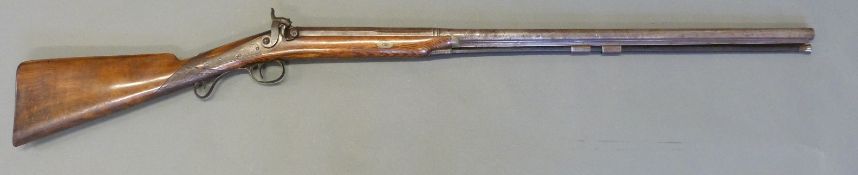 Moor percussion hammer action gun with named and engraved lock, engraved hammer,