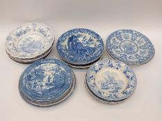 A collection of 19thC transfer printed pearlware and other plates including two c1800,