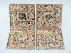 A group of four c1880's Arts & Crafts decorated tiles in the manner of Walter Crane depicting