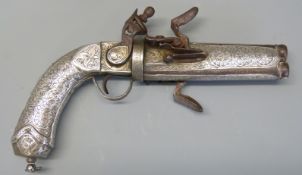 Middle Eastern flintlock hammer action double barrelled over and under pistol with all over