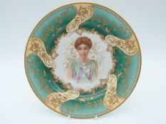A German hand painted over transfer portrait cabinet plate