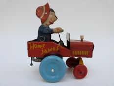 Lovely Toys clockwork tinplate Crazy Jeep with red and yellow body,