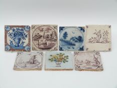Seven 18thC Delft tiles including Dutch manganese and polychrome examples