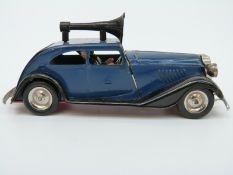 Tri-ang Minic clockwork tinplate Traffic Control Car with blue and black body, loud speaker,