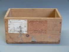 E J Churchill (Gun Makers) Ltd wooden shotgun cartridge or ammunition box with delivery labels 'by