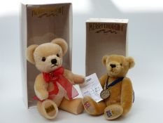Two Merrythought Teddy bears, Cooper with cream mohair, poppy brooch and jointed limbs,