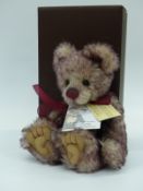 Charlie Bears Isabelle Collection Teddy Bear Natasha with purple tipped mohair, purple ribbon,