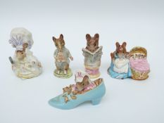 Five Beatrix Potter figures The Old Woman Who Lived in a Shoe, Hunca Munca, Johnny Town Mouse,