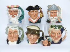 Six large Royal Doulton character jugs including Neptune & Don Quixote and a small character jug