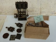 A part-built Stuart Turner twin launch live steam engine with drawings and boxed No 9 pump castings