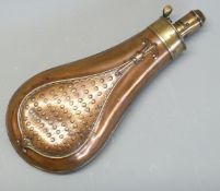 G & J W Hawksley copper and brass powder flask with floral pattern decoration and scrolling border,