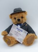 Merrythought Teddy bear Churchill with blonde mohair, suit, hat, and jointed limbs,