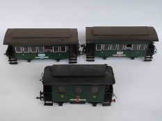 Three LGB G gauge railway passenger coaches