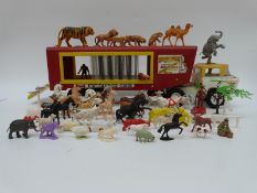 Tri-ang Hi-Way Big Top Circus pressed steel transporter with yellow and white cab and red trailer