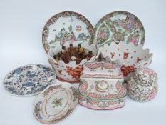 A pair of Chinese jardinieres, French porcelain inkwell/standish,