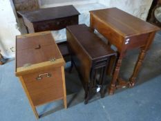 Three tables including a Sutherland example and a sewing box on stand